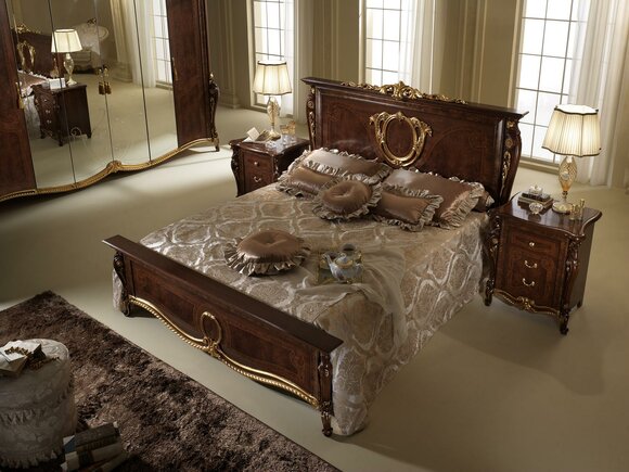 Double bed wood design beds antique style baroque rococo 2x bedside tables new