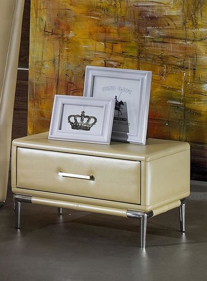 Leather upholstered designer bedside table in modern style made of real wooden & stainless steel with a sliding drawer