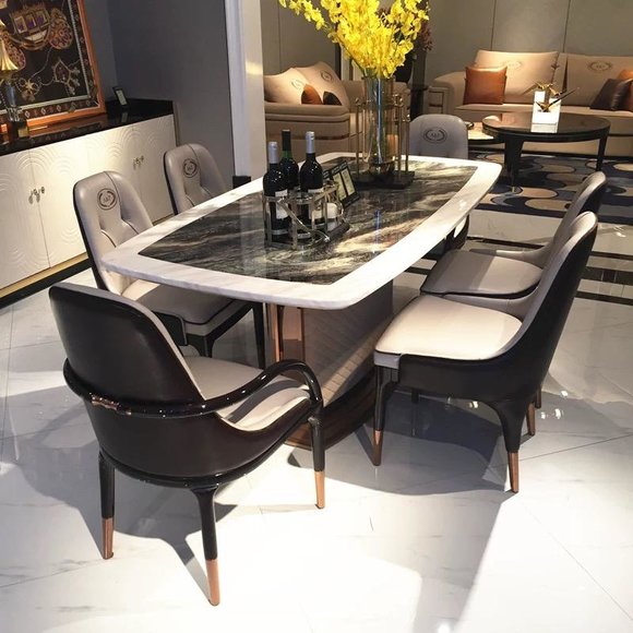 Marble designer dining table + 6 chairs set set room group 7 pcs tables