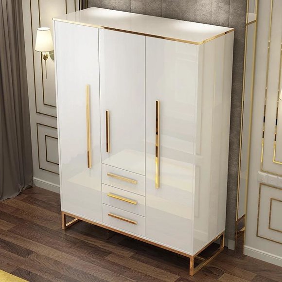 Luxury design massive wardrobe in modern style made of real wood & stainless steel with 3-swing doors & 3-sliding drawers