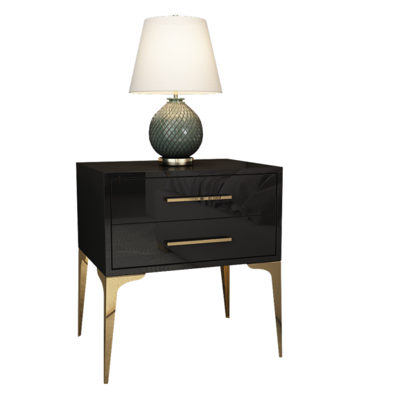 Modern style designer gloss bedside table made of real wooden & stainless steel frame with 2-sliding drawers