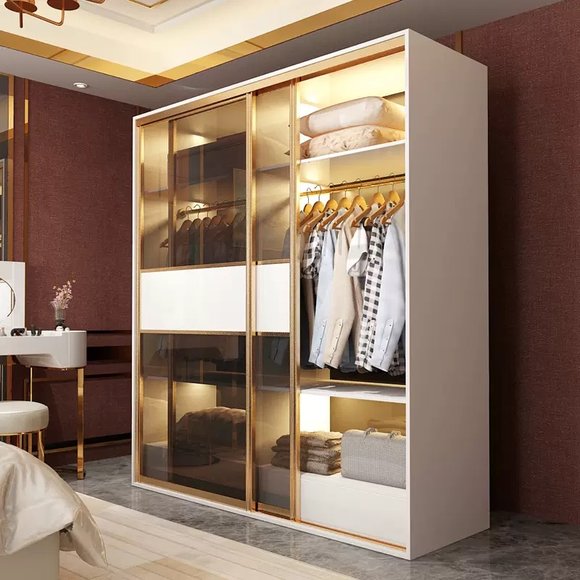 Modern style luxury designer wardrobe made of real wood & stainless steel with sliding glass doors