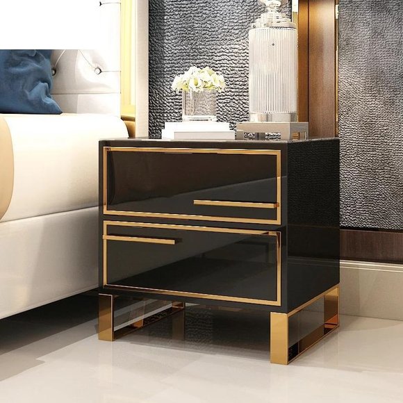 Modern style designer gloss bedside table made of real wooden & stainless steel with 2-sliding drawers