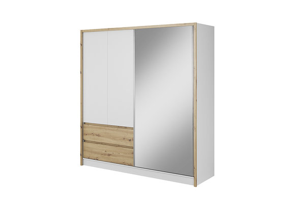 XXL massive designer wardrobe with 3-swing doors, 2-sliding drawers & mirror made of MDF 200cm