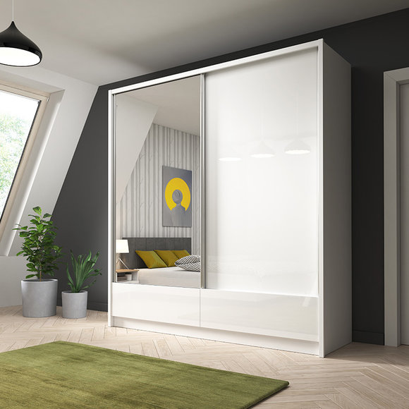 Modern style designer wardrobe made of MDF with 2-sliding doors & 2-sliding drawers with mirror 200cm