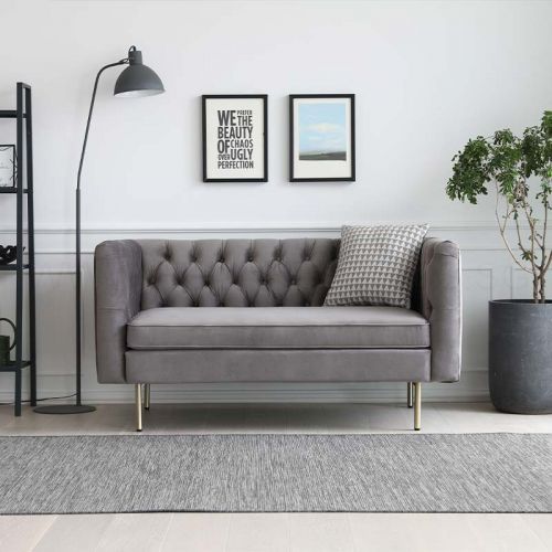 English Style Furniture Chesterfield 2-Seater Couch Grey Sofa New Textile Upholstered