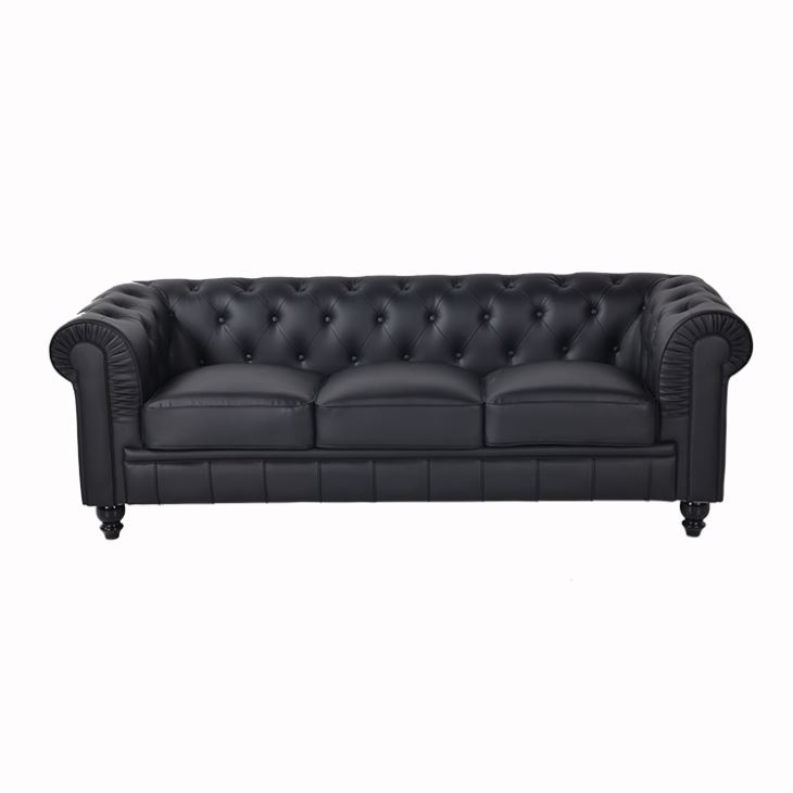 Chesterfield Sofa Black 3-Seater Upholstered Premium Faux Leather With Soft Seat Cushions New