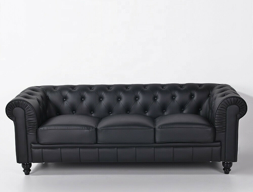 Black Chesterfield Sofa 3-seater Classic Style Premium Faux Leather Upholstered Soft Cushions