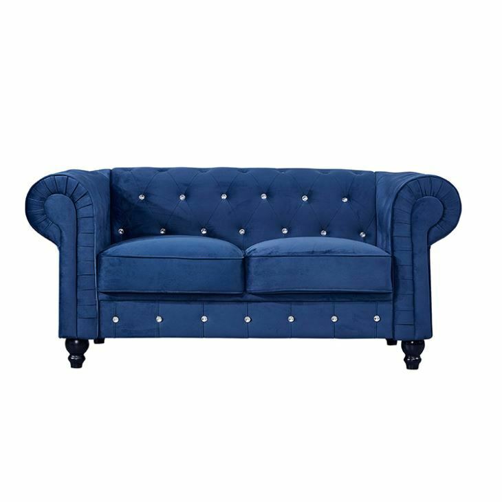 Classic Chesterfield Sofa Blue Textile 2-seater New Upholstered Comfortable Loveseat Couch With Soft Cushions