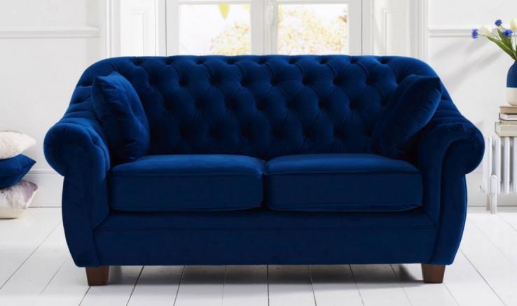 Blu Chesterfield Classic Sofa 2-Seater Textile Upholstered Comfortalbe Loveseat Soft Cushions New