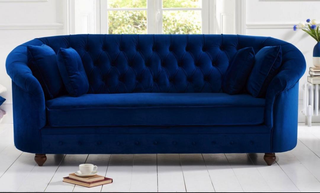 Premium Chesterfield Sofa Upholstered Blue Textile 3-seater Comfortable Soft with Cushions Rounded Back