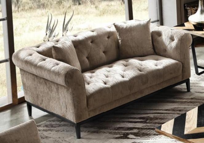 Chesterfield Sofa 3-Seater Upholstered Textile Beige Brown Living Room Sofa Modern Style