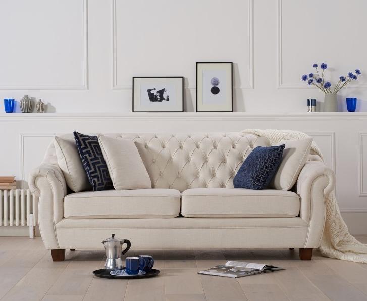 Chesterfield Contemporary Sofa Modern Style 3-Seater Textile Upholstered Light Beige Living Room Couch