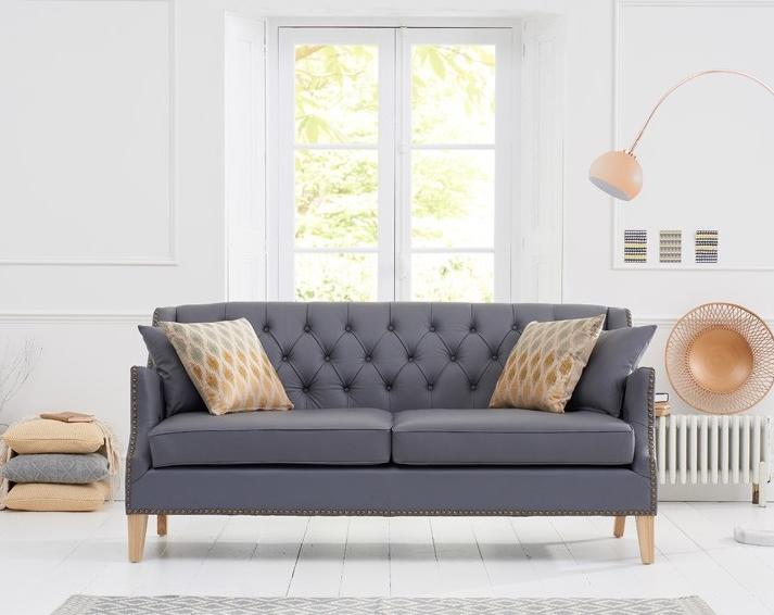 Premium Couch Grey Sofa 3-Seater Upholstered Faux Leather New Modern Living Room Real Wood Inner Frame