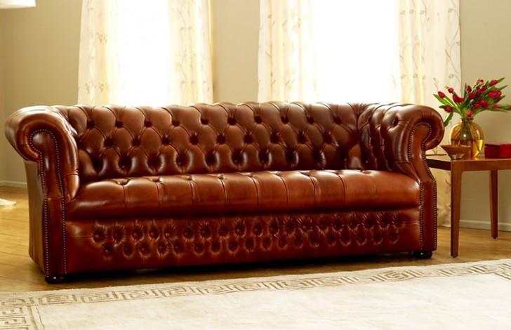 Chesterfield 3-seater sofa couch leather upholstery design seat new brown with glossy cover