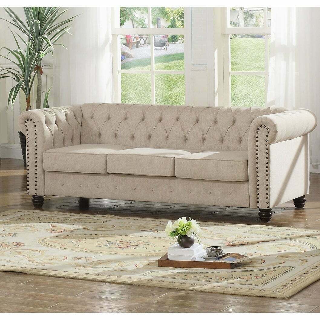 Chesterfield 3-Seater sofa couch upholstery fabric leather textile couches beige free colour choice