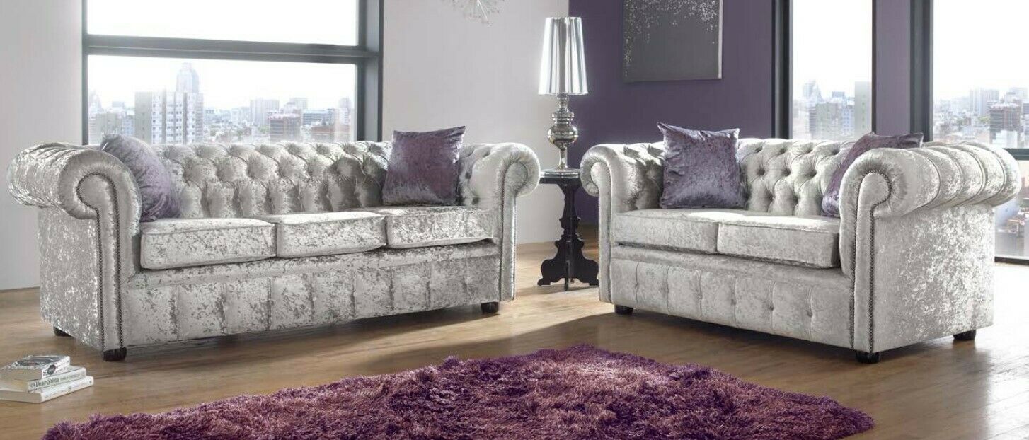 Sofa Set 3+2 Seaters Chesterfield Silver Textile Upholstered Comfortable Couches Set New