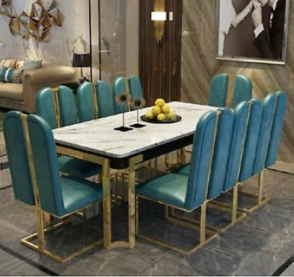 Stainless Steel Marble Imitation Table + 8 Leaning Chairs Dining Room Group Set 9pcs