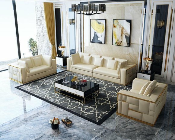 Design sofa couch upholstery seat set 3+2+1+ chaise longue leather luxury metal