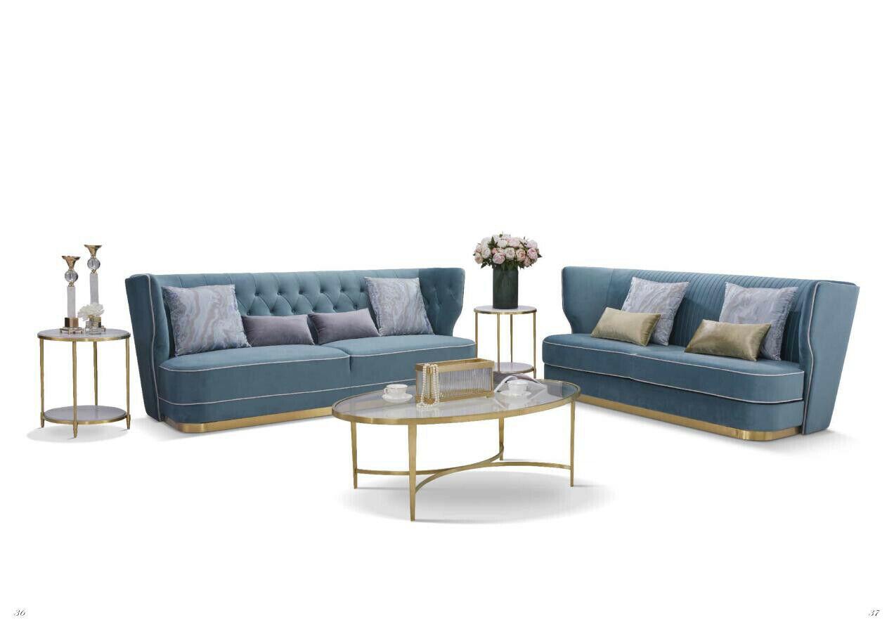 Designer Sofa Set 3+3 Seater Couch Upholstery Set Group Metal Velvet