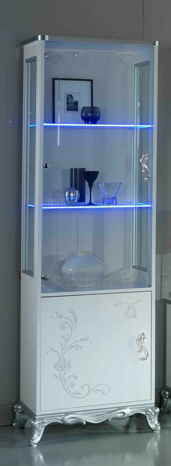 Modern style showcase/cupboard with swing doors & backlit glass shelves