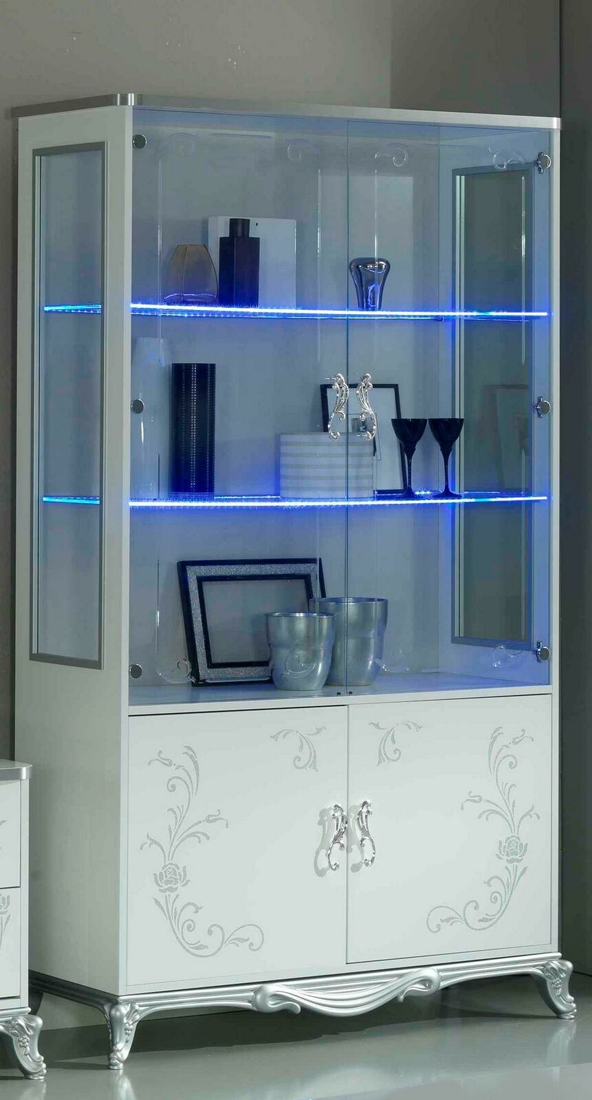 Modern style massive showcase with 2-glass swing doors & backlit shelves