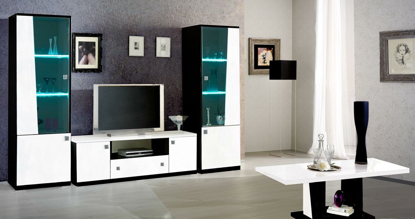 Modern style set of gloss 2x-showcases with backlit shelves & TV lowboard, italian collection