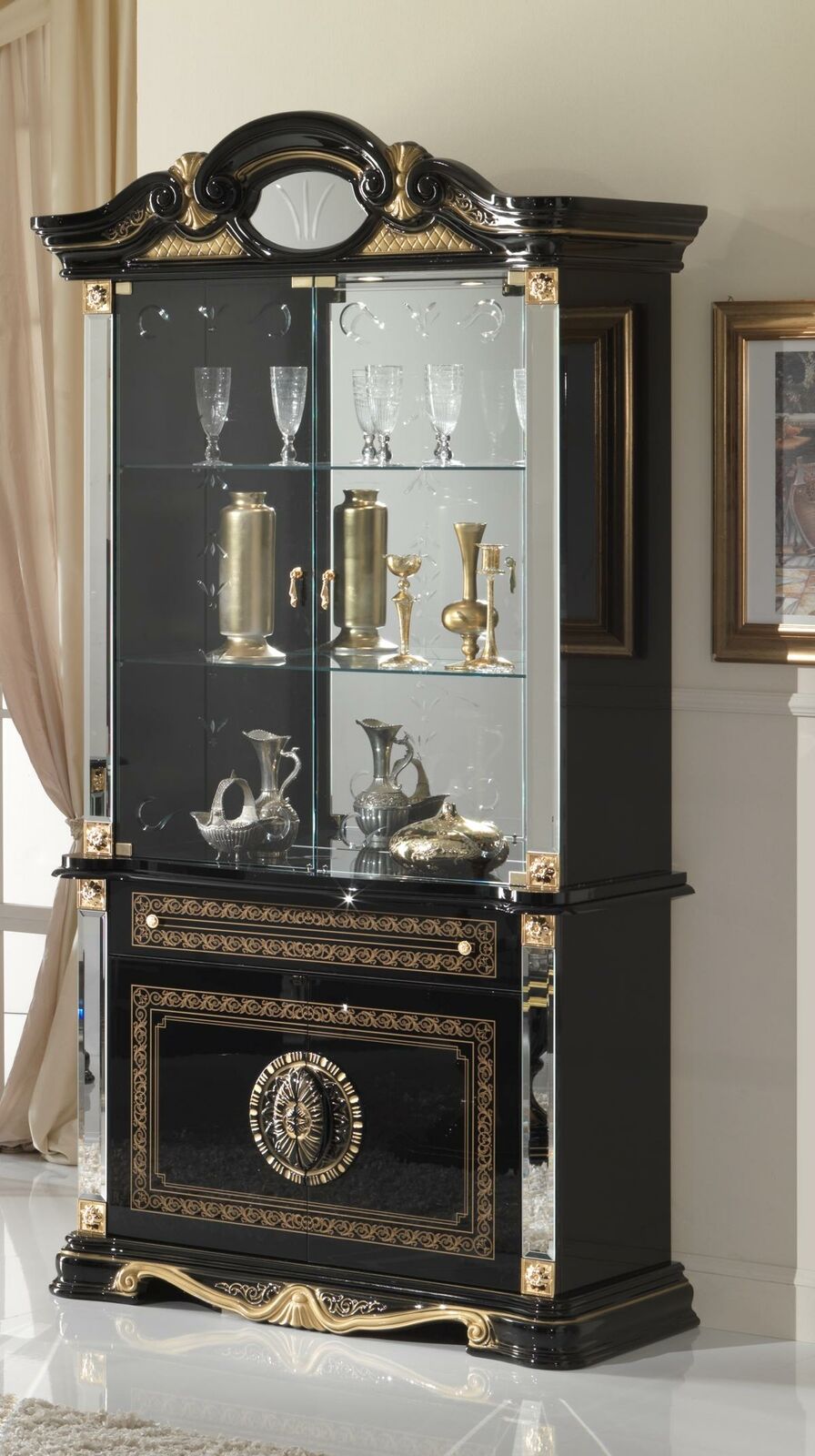 Baroque style made of real wooden living room gloss showcase/cupboard with glass swing doors & shelves