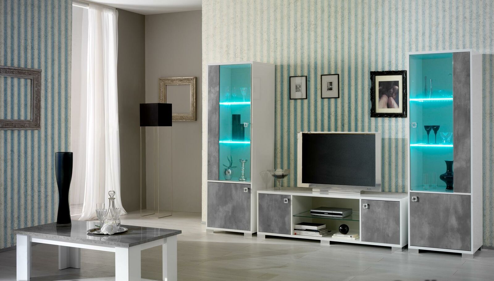 Living Wall Double Display Cabinet Console TV Table Wall Unit Glass Display Cabinets Living Room