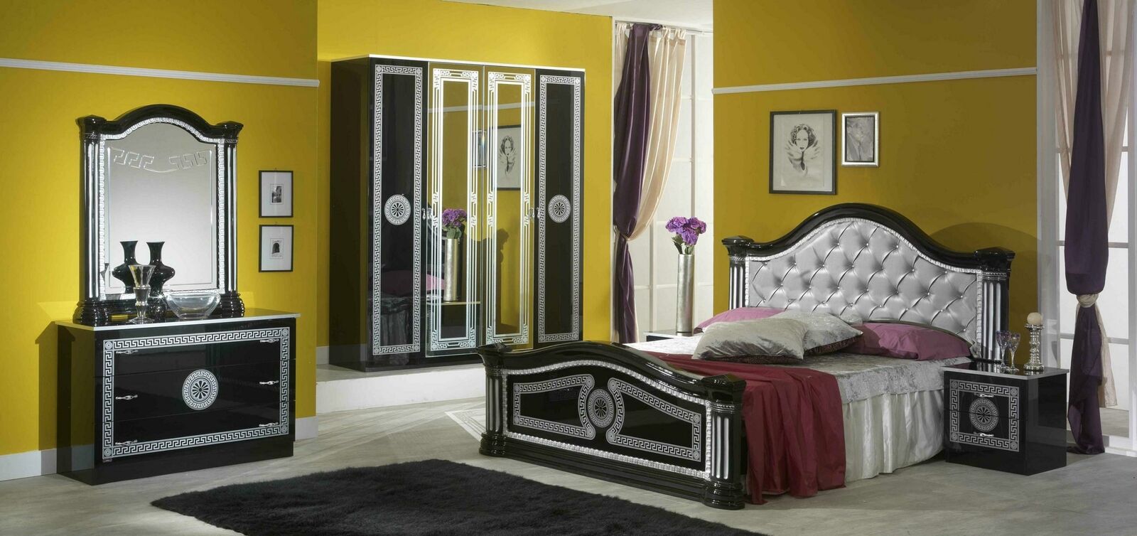 Empire style gloss bedroom set of massive double bed & 2x-bedside tables made of real wooden