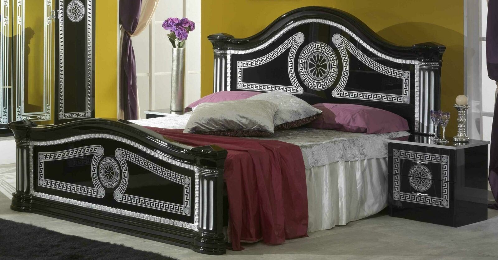 Bedroom set of gloss empire style massive double bed & 2x-bedside tables made of real wooden frame