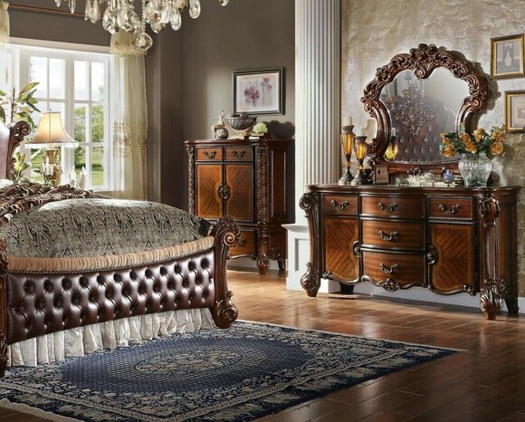 Classic baroque style bedroom set of dresser & mirror with 2-swing doors & 5-sliding drawers made of real wood