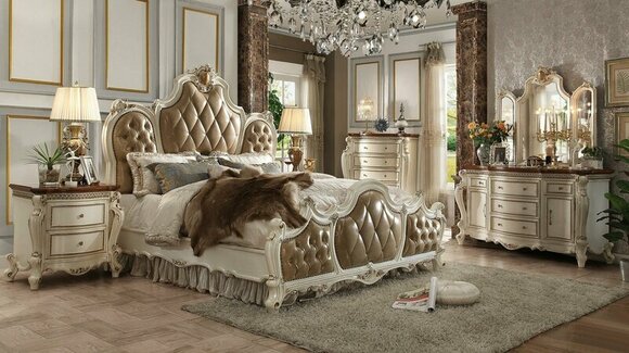 Baroque style massive leather double bed made of real wooden frame 180x200cm size