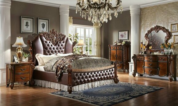 Baroque style chesterfield design massive royal leather double bed made of real wooden frame