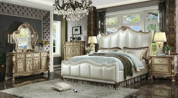 Rococo style bedroom set of massive royal leather double bed & 2x-bedside tables made of real wooden frame