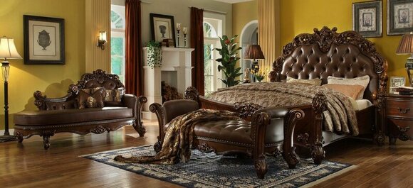 Leather massive double bed in classic baroque style chesterfield design made of real wooden frame