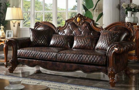 Carved Baroque Living Room Furniture Sofa Leather Couch Three Seater Seat Cushion New