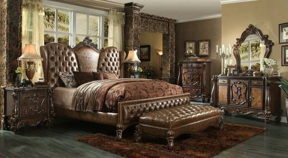 Bedroom set of chesterfield design baroque style double bed & 2x-bedside tables