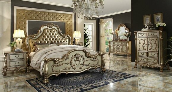 Baroque style bedroom set of chesterfield design double bed & 2x-bedside tables