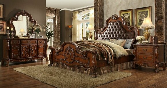 Baroque style bedroom set of chesterfield design double bed & 2x-bedside tables