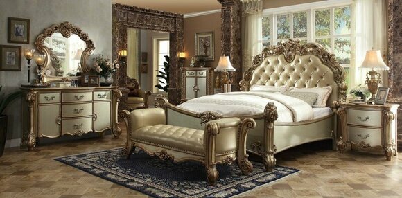 Classic baroque style chesterfield design bedroom set of double bed & 2x-bedside tables