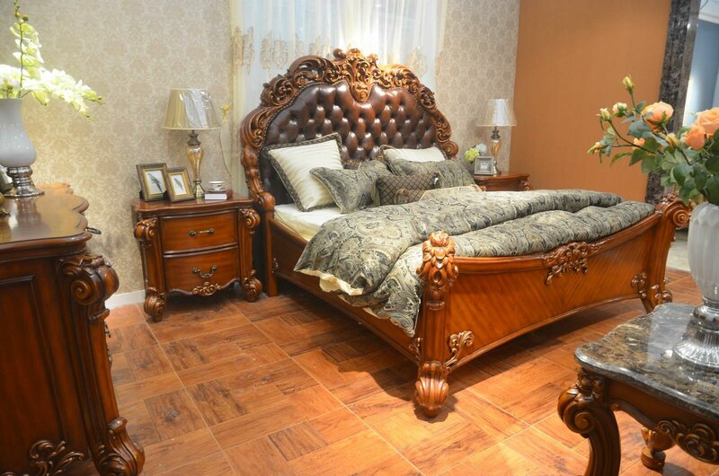 Baroque style made of real wooden bedroom set of 2-bedside tables & chesterfield double bed