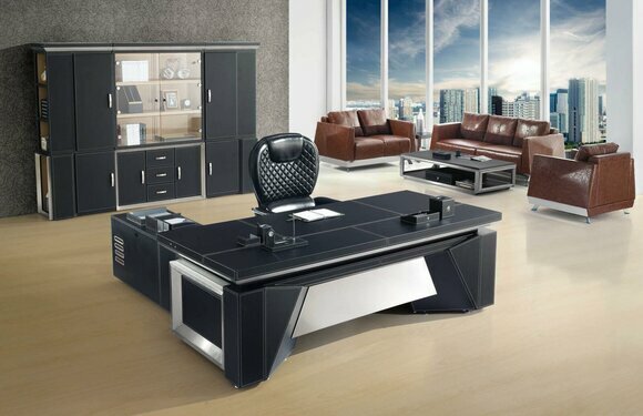 Designer office set, cupboard set, boss table, desk, 2 pieces. Furnishing leather