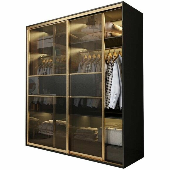 Modern style massive stainless steel wardrobe with glass sliding doors & lights