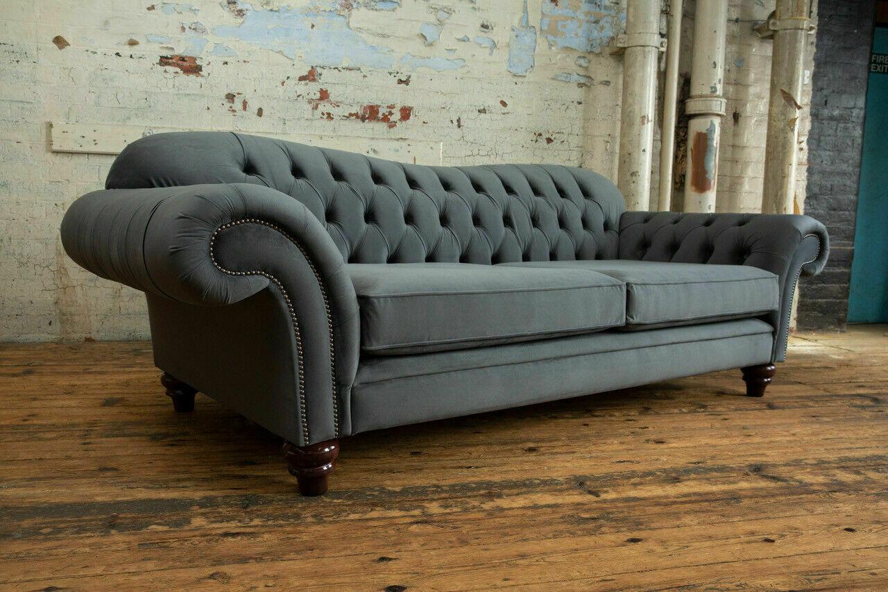 Big Sofa 4 Seater Couch Chesterfield Upholstery Seat Set Fabric Textile New Grey