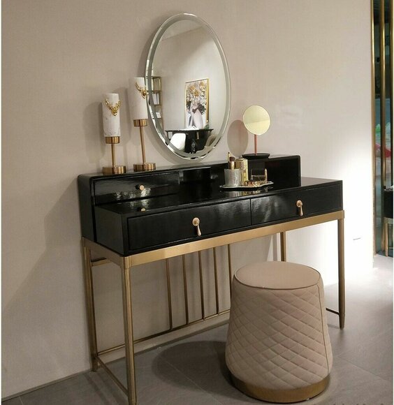 Designer set of dressing table with sliding drawers & round stool made of real wooden frame