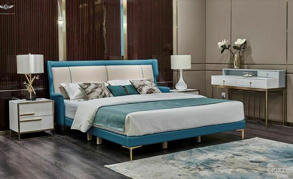 Bedroom set of massive marriage double bed & 2x-gloss bedside tables in modern style