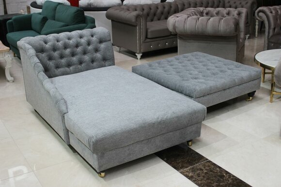 Chesterfield Chaise Lounge Couch + Footstool Sofa Upholstery 2pcs Set Available Immediately