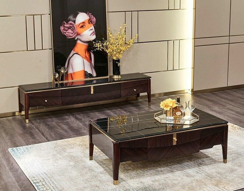 Modern style made of real wooden rectangular coffee table with a sliding drawer & marble surface