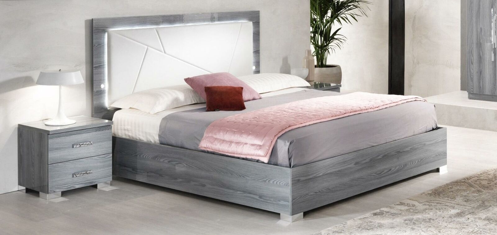 Loft style modern bedroom set of marriage double bed with light & 2x-bedside tables